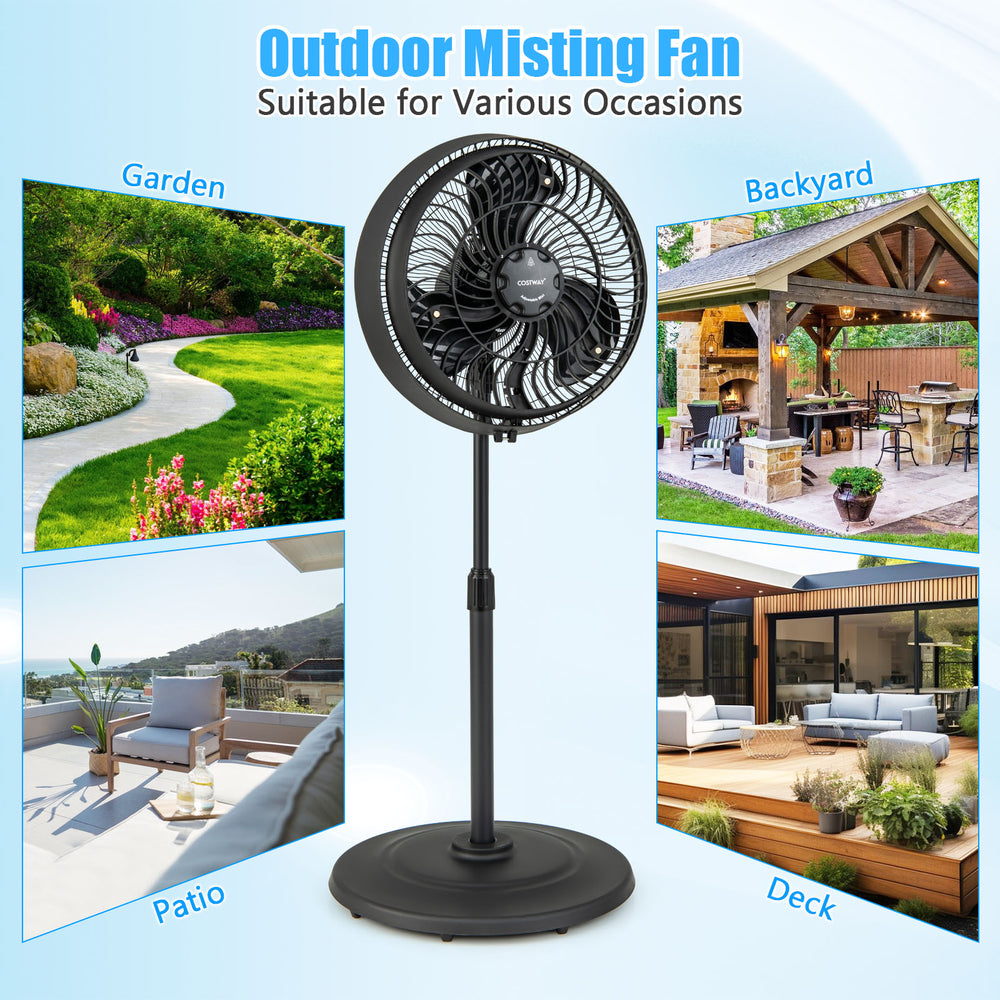 16-inch oscillating outdoor misting fan in black, adjustable height, ideal for backyard and patio cooling.