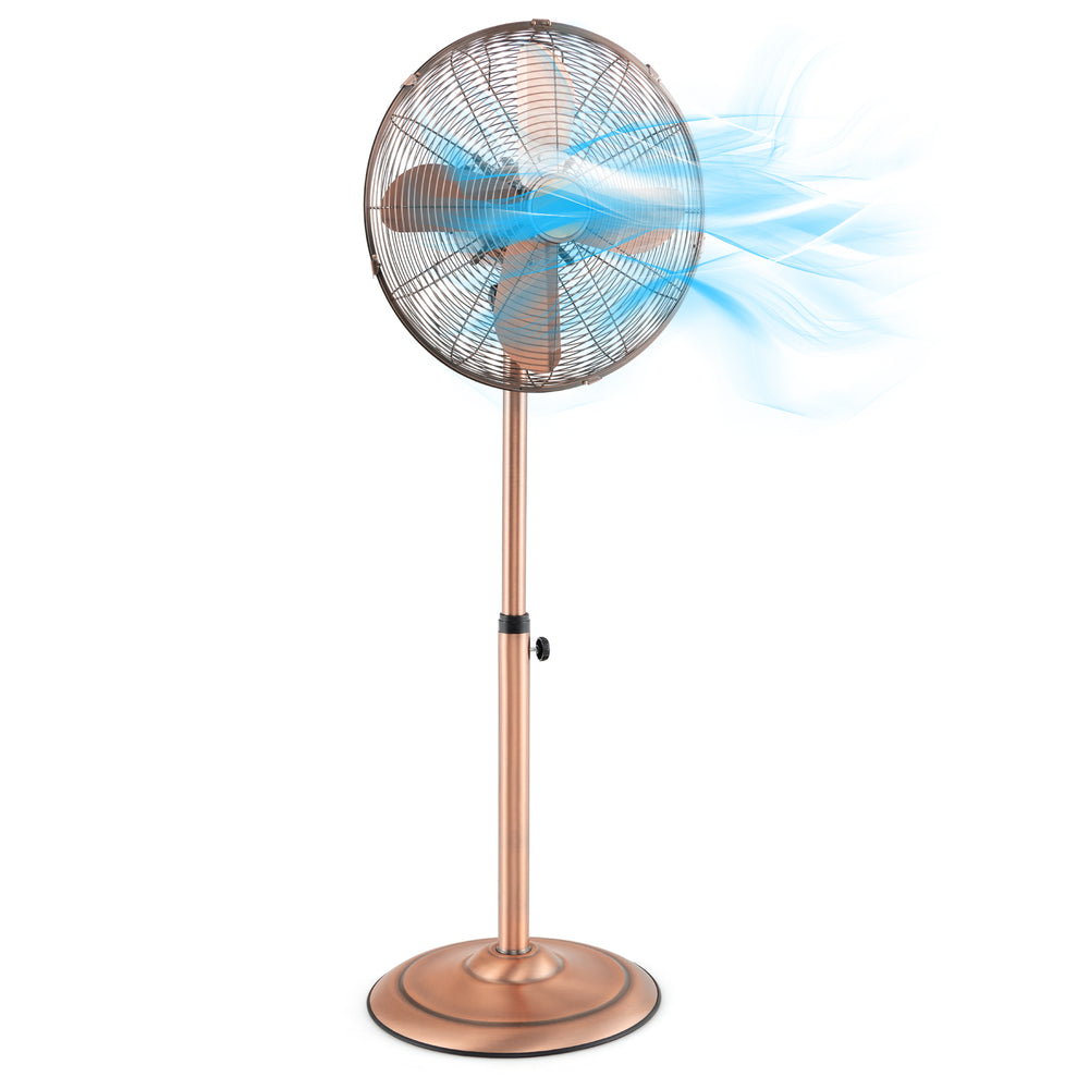 16-inch copper pedestal fan with adjustable height, 3 speeds, and 75° oscillation for effective airflow in any room.