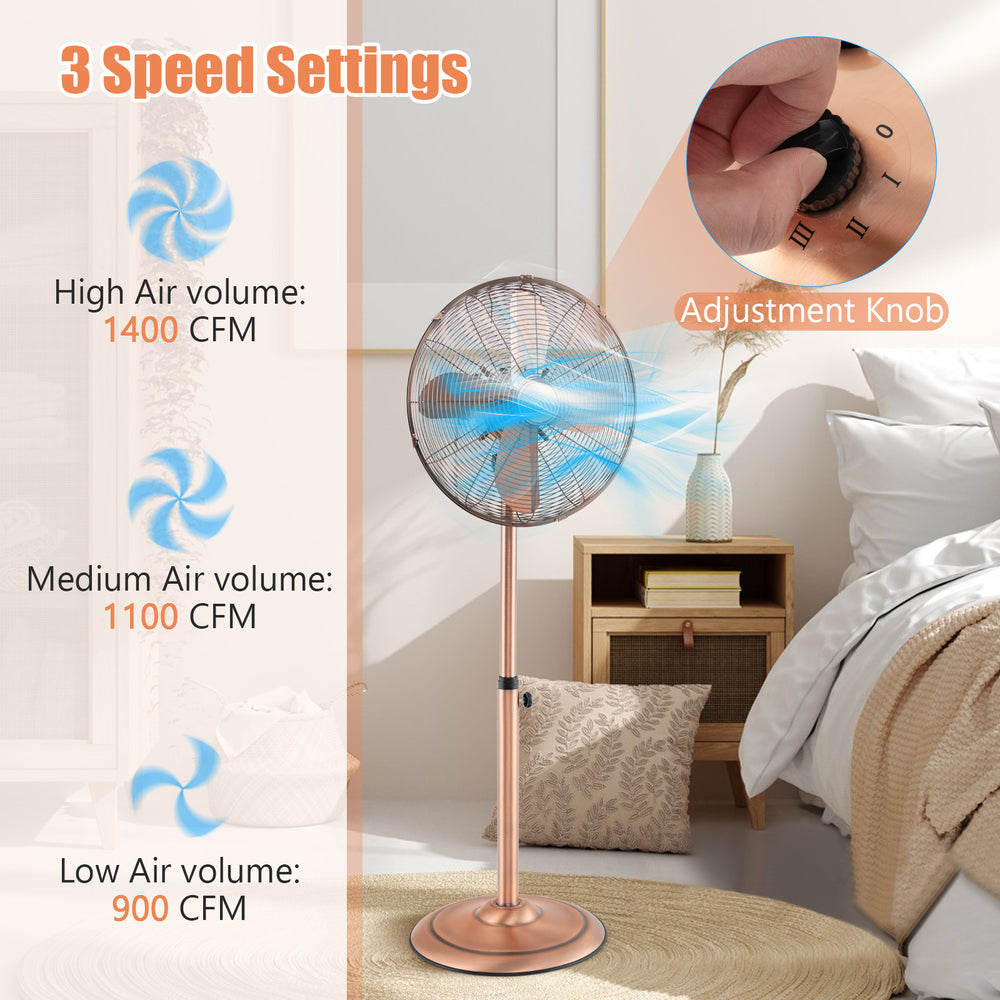 Close-up of the adjustable height knob on a 16-inch copper pedestal fan, allowing for customized airflow direction.