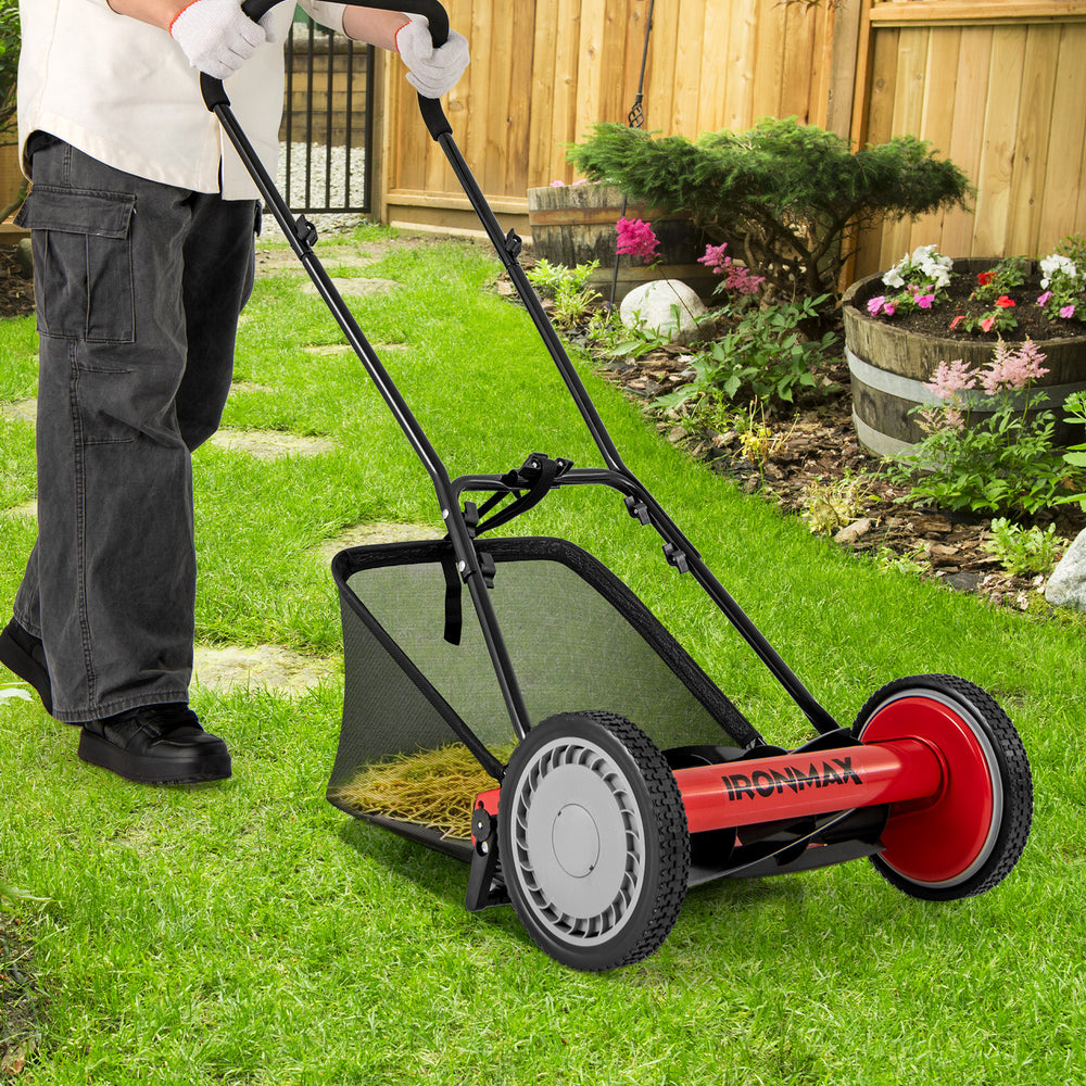 16 Inch Push Lawn Mower with 5 Steel Blades and Grass Catcher Bag-Red - Gallery View 1 of 10