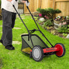 16-inch push lawn mower in action, showcasing manual operation and 5 steel blades for precise grass cutting efficiency.
