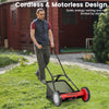 16-inch push lawn mower with 5 steel blades and grass catcher bag, designed for efficient, motorless grass cutting.