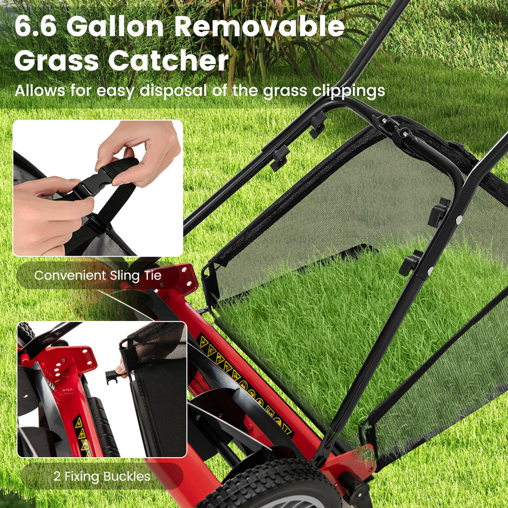 Close-up of the 6.6-gallon removable grass catcher bag for the 16-inch push lawn mower, featuring convenient sling tie.