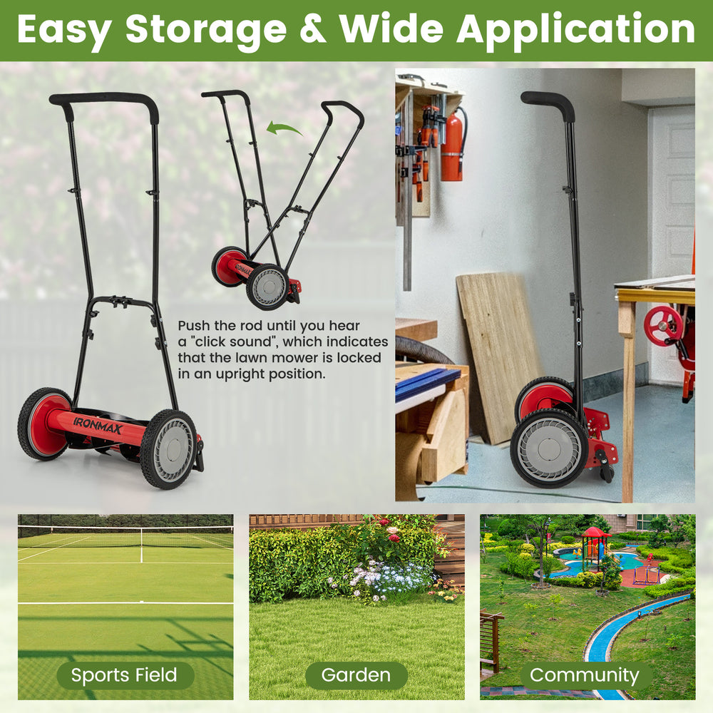 16-inch push lawn mower with 5 steel blades, detachable grass catcher bag, and adjustable cutting positions for.