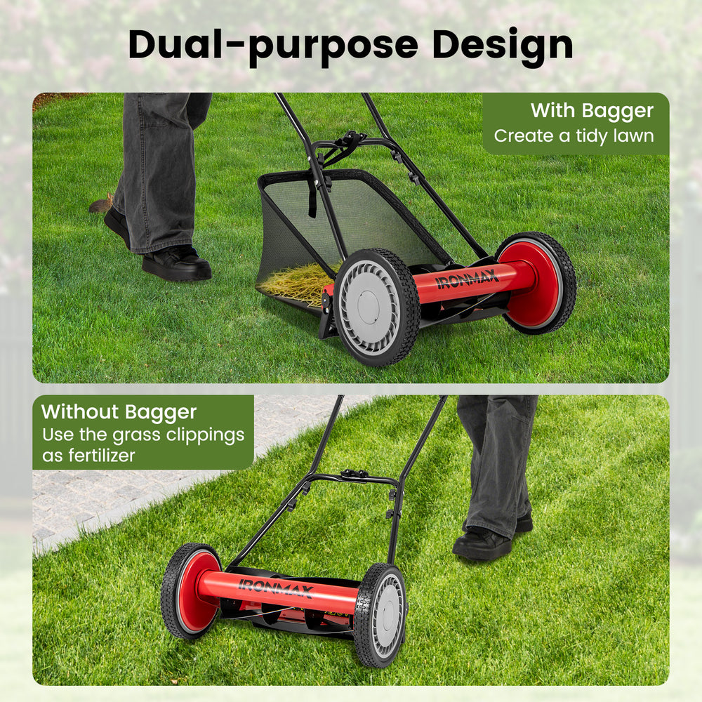 16-inch push lawn mower with 5 steel blades, shown with and without grass catcher bag for versatile lawn care.