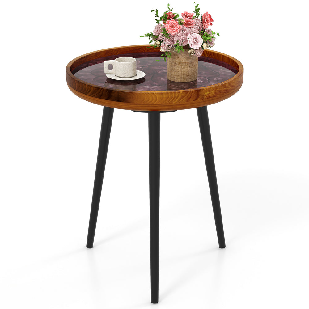 Round end table with sea shell decoration, epoxy resin finish, and teak wood top, perfect for decorative items.