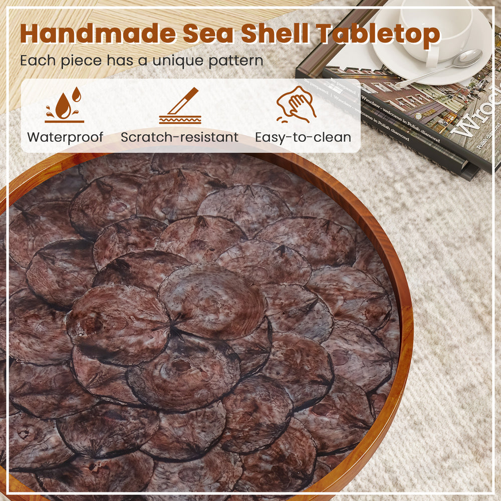 Round end table with handmade sea shell tabletop, epoxy resin finish, and sturdy mahogany legs for functional decor.