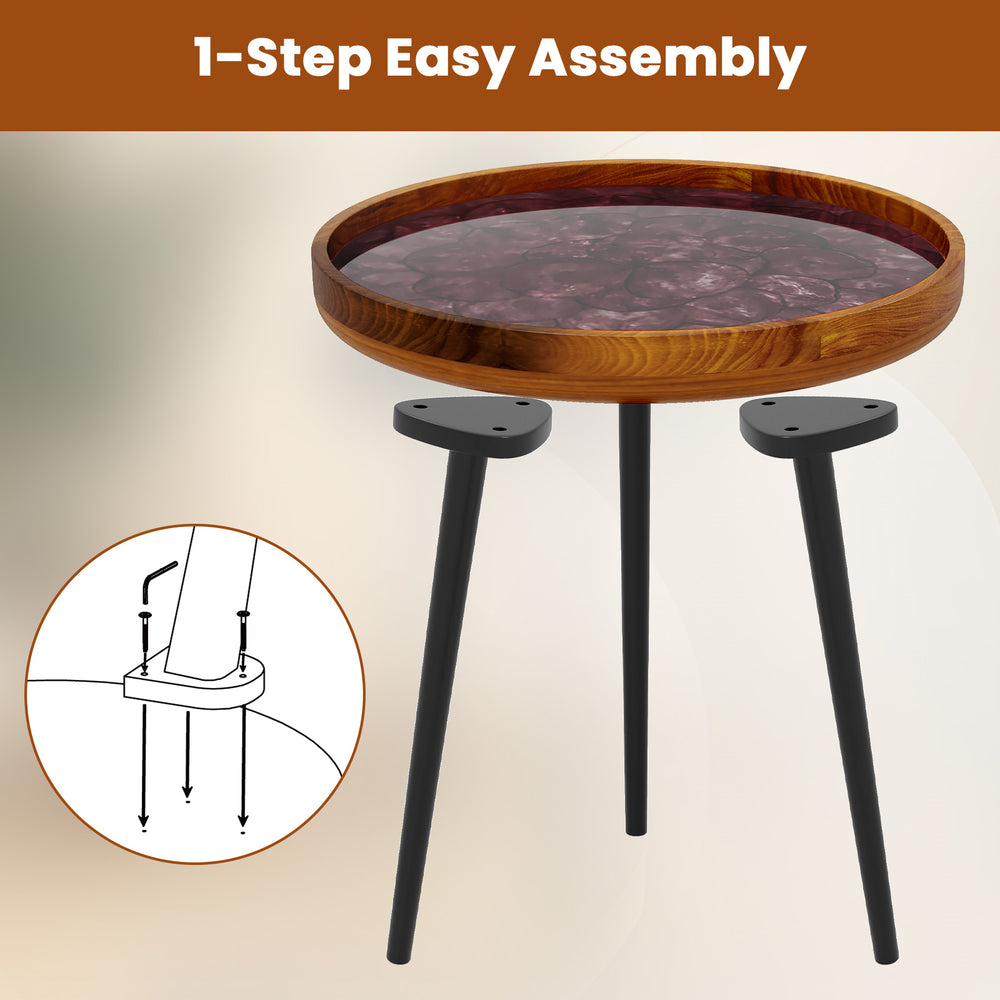 Round end table with sea shell decoration and epoxy resin finish, featuring sturdy mahogany legs for easy assembly.