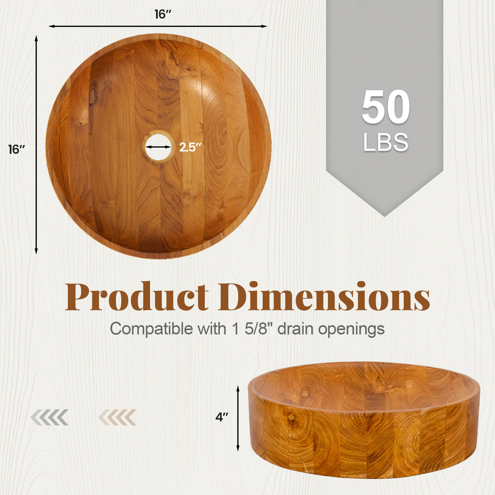 16-inch teak wood washbasin with smooth finish, rounded corners, and drainage hole, ideal for kitchens and bathrooms.