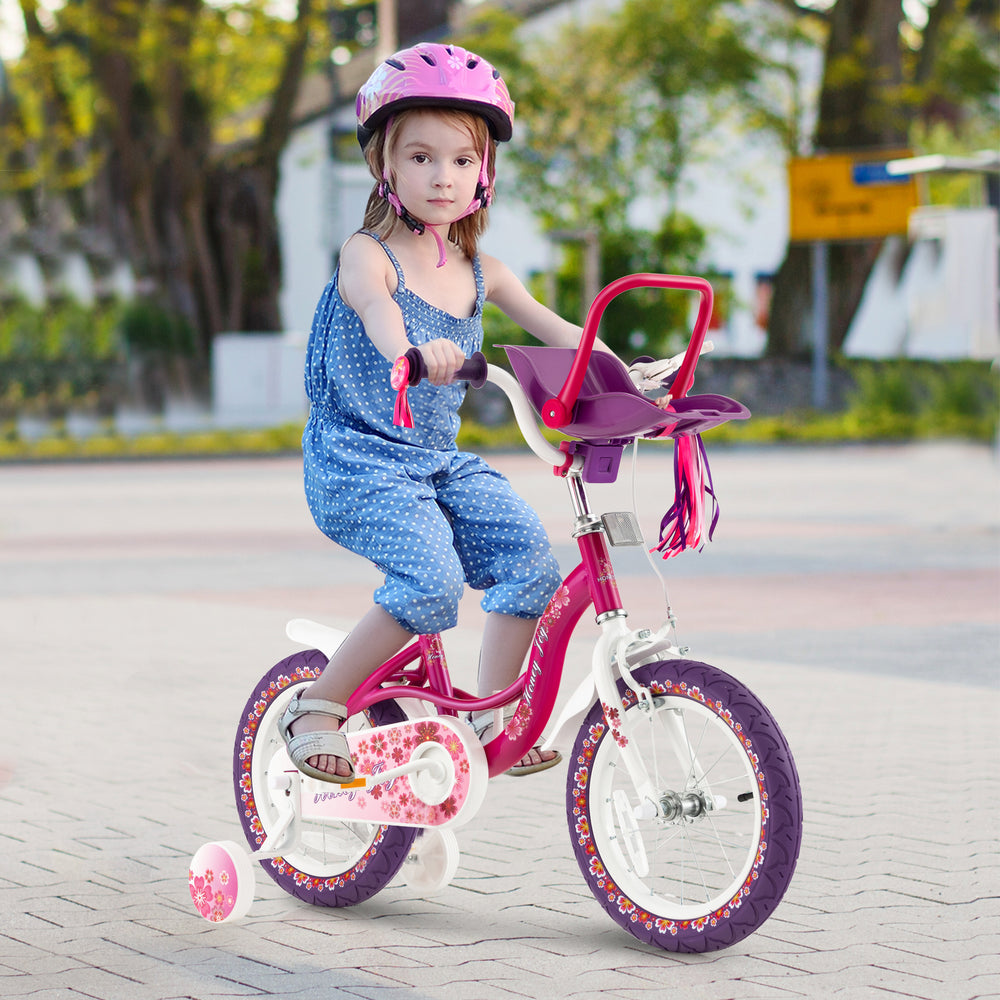 16-inch kids bike with doll seat, removable training wheels, and adjustable handlebar for stability and comfort.