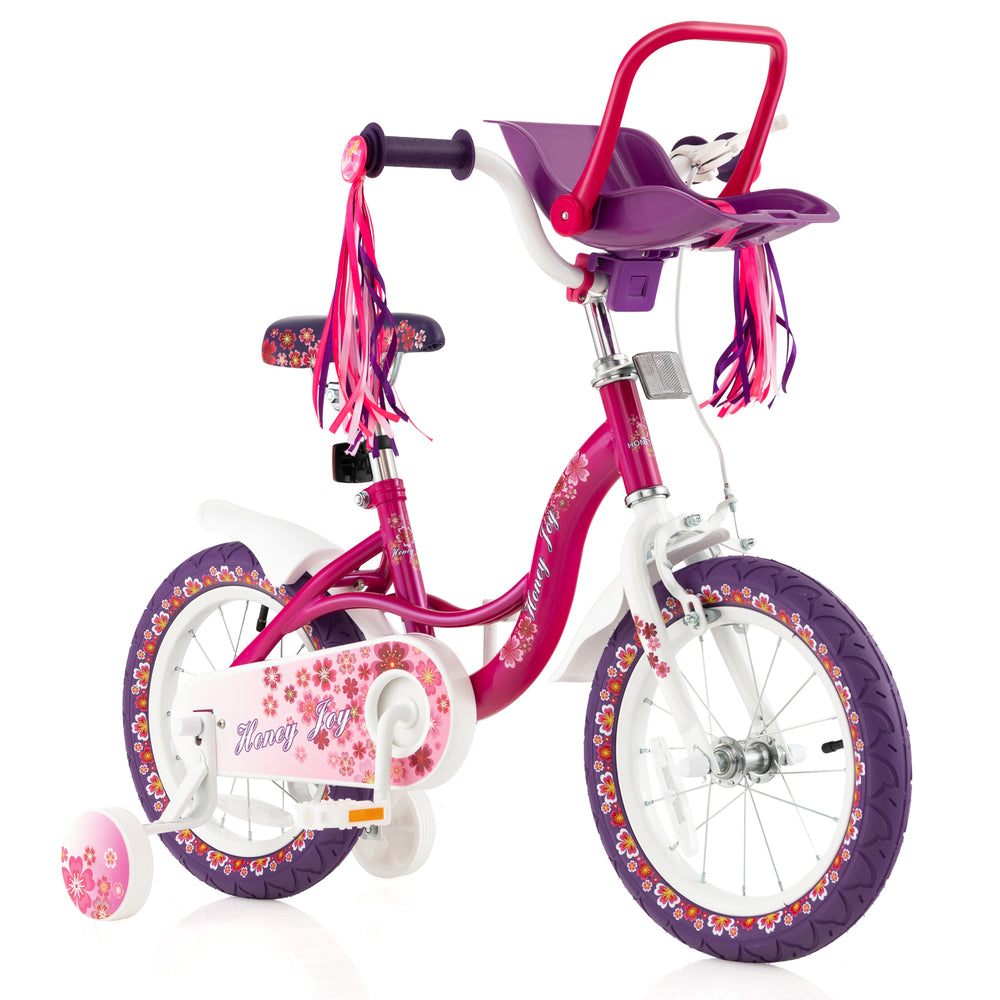 16-inch kids bike in pink with doll seat, removable training wheels, and adjustable handlebars for stability and.