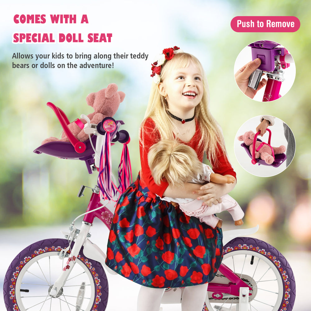 Kids bike with a detachable doll seat, adjustable handlebars, and removable training wheels for safe riding adventures.