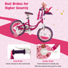16-inch kids bike with doll seat, removable training wheels, hand and coaster brakes, designed for safety and stability.