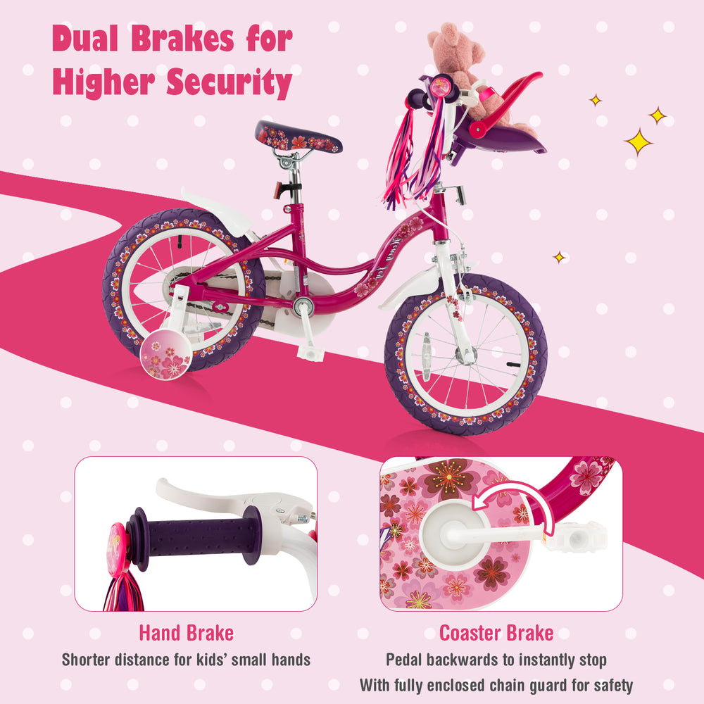 16-inch kids bike with doll seat, removable training wheels, hand and coaster brakes, designed for safety and stability.