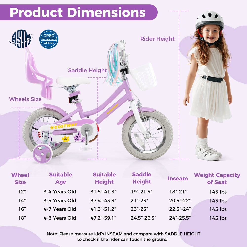 12-inch girls bike with doll seat, adjustable handlebar, and removable training wheels for kids aged 3-4 years.