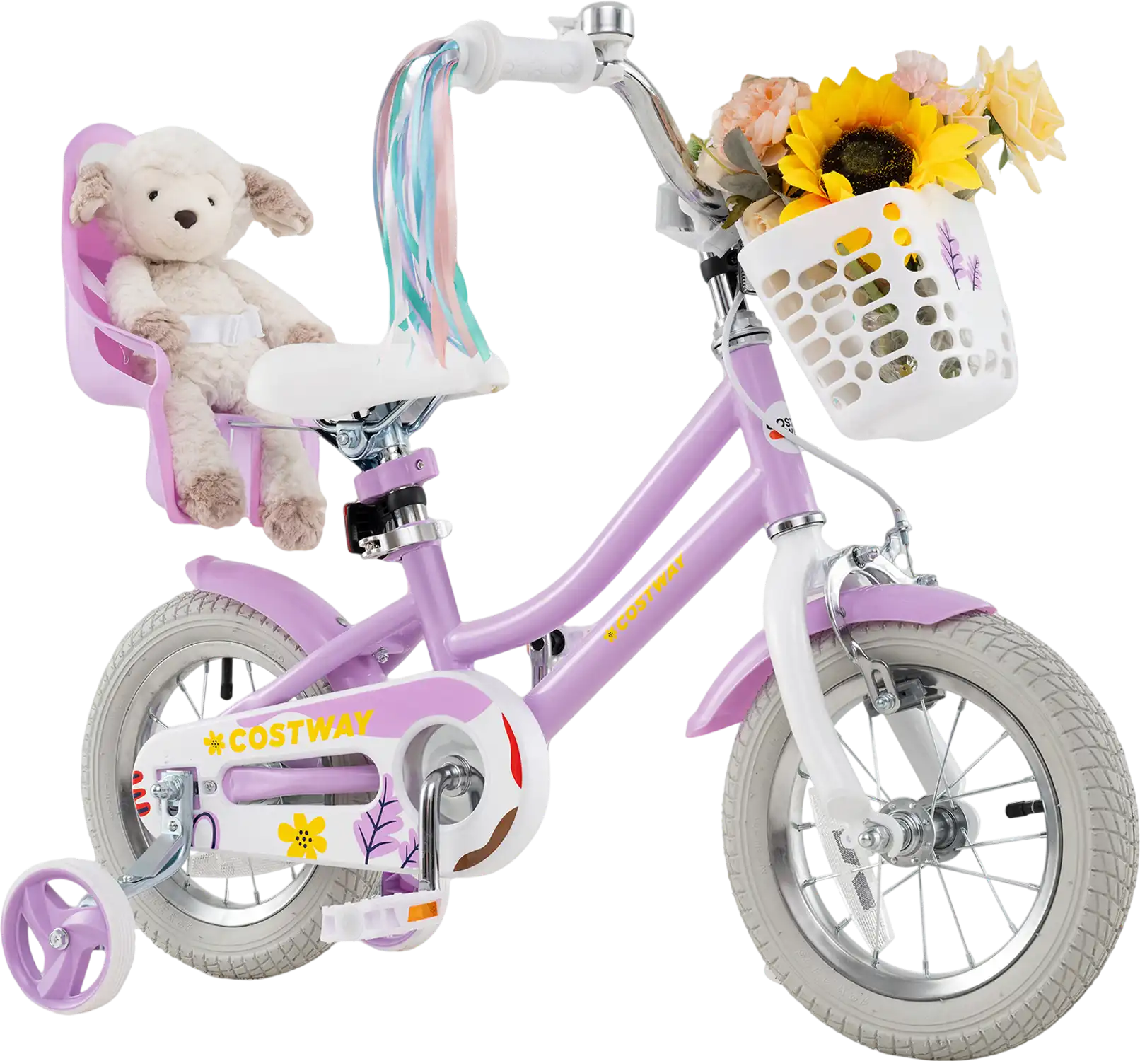 Costway Girls Kids Bike w/ Doll Seat Basket Streamers 12-20
