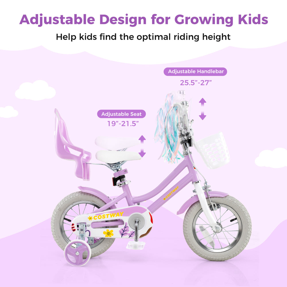 12-inch girls bike in purple with adjustable seat, dual brakes, and doll seat, perfect for kids aged 3-4 years.