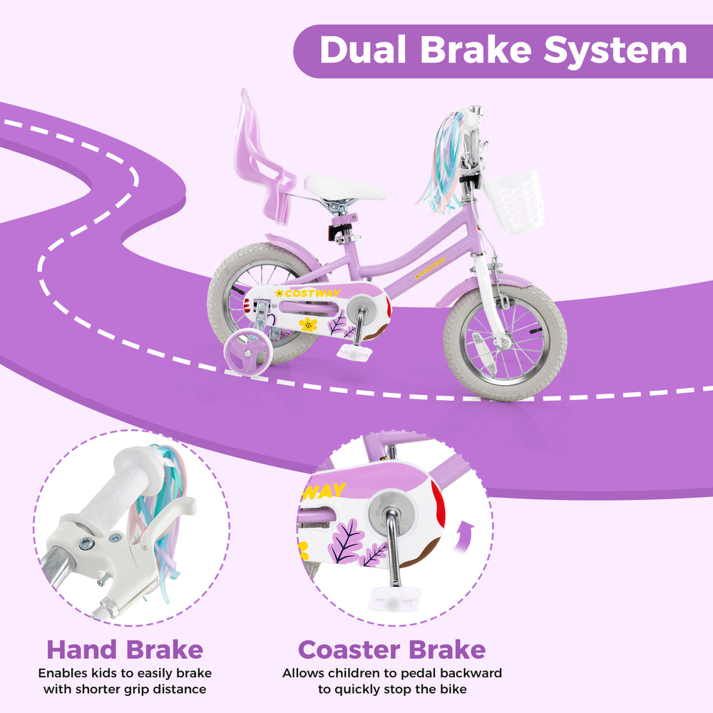 12-inch girls bike in pink with dual brake system, training wheels, and streamers for children aged 3-4 years.