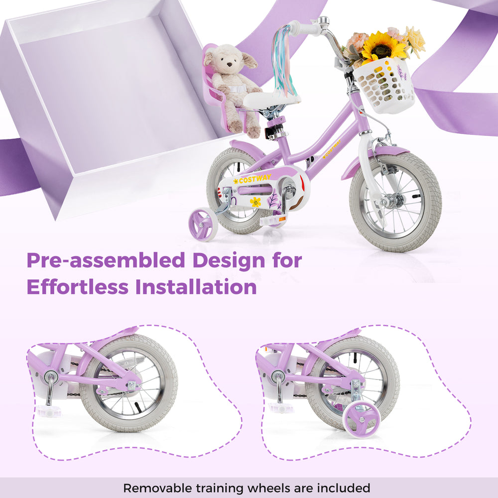 12-inch girls bike in purple with doll seat, streamers, and removable training wheels for kids aged 3-4 years.