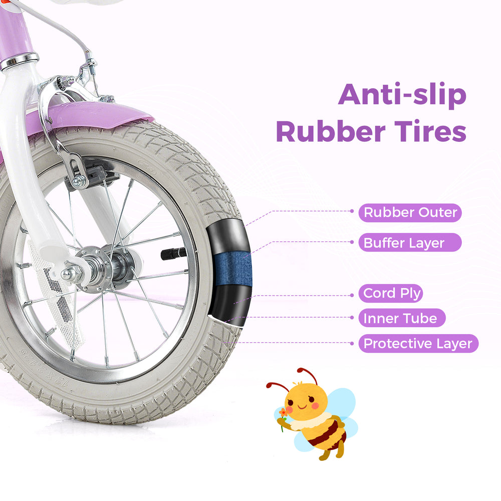 Close-up of the 12-inch girls bike tire showcasing anti-slip rubber design with multiple protective layers for safety.