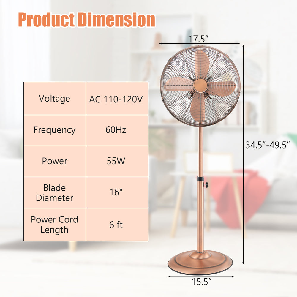 16-inch oscillating pedestal fan in copper with adjustable height, 3 speeds, and 75° oscillation for effective cooling.