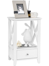 White 2-tier nightstand with storage drawer, open shelf, and X-shaped design for versatile use in any room.