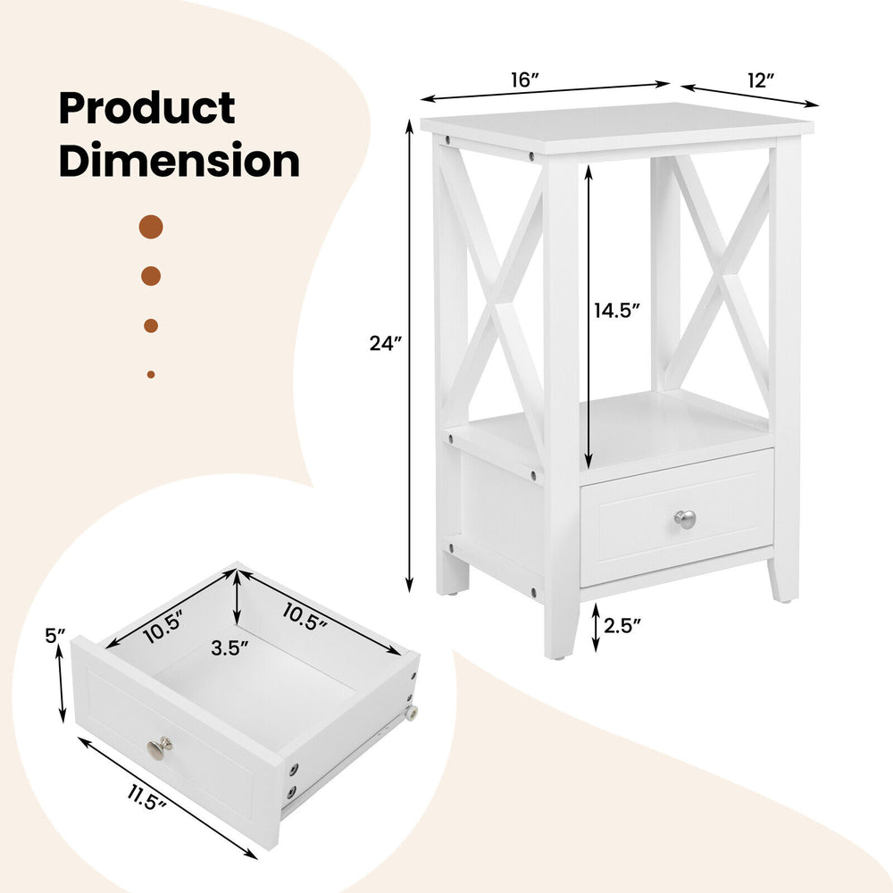 2-tier white nightstand with storage drawer, dimensions 16 x 14 x 24 inches, ideal for bedroom or living room use.