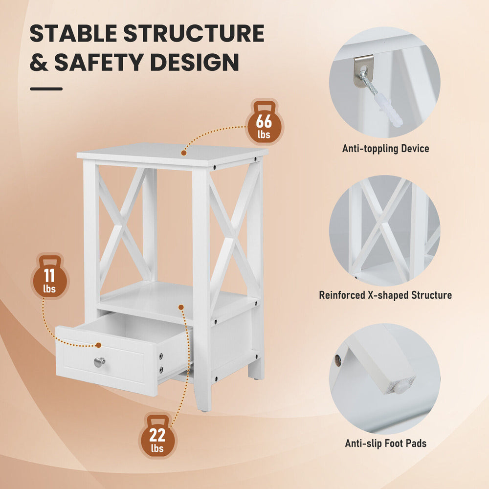 2-tier white nightstand featuring a storage drawer, open shelf, and anti-toppling device for stability and safety.