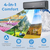 Mini split air conditioner and heater in gray, featuring 4-in-1 comfort with cooling, heating, and fan functions.