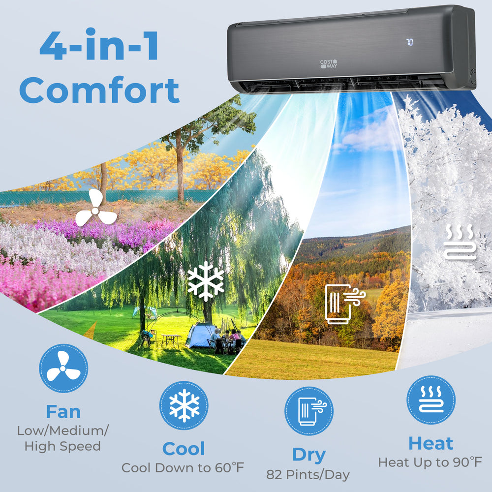 Mini split air conditioner and heater in gray, featuring 4-in-1 comfort with cooling, heating, and fan functions.