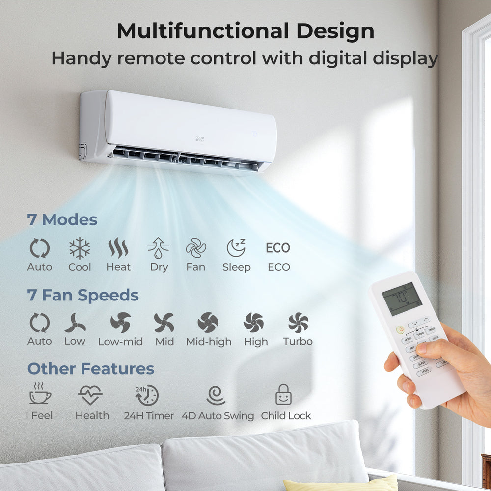 Mini split air conditioner with remote control, featuring 17000 BTU cooling and heating for rooms up to 1250 sq.ft.