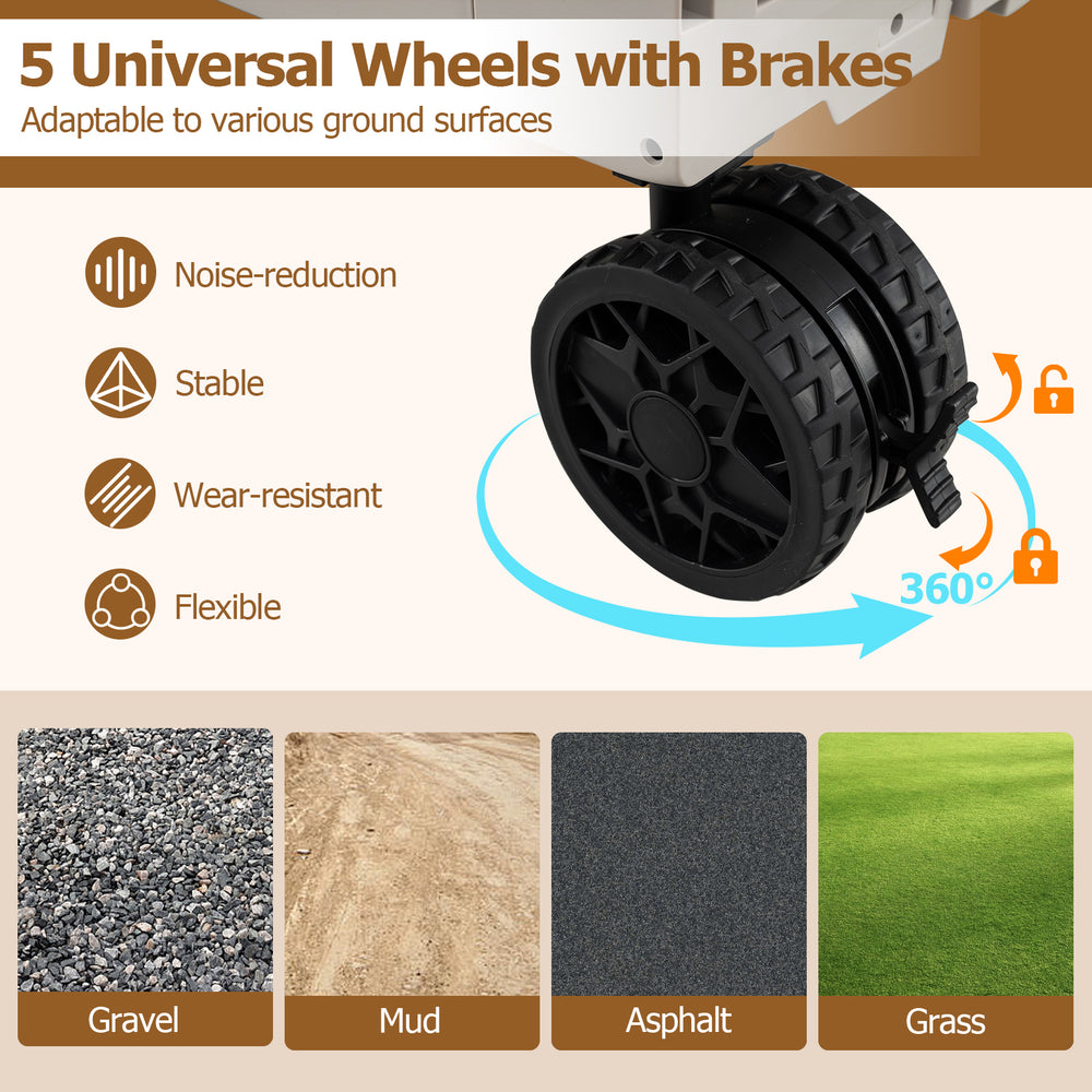 Close-up of the large foldable utility cart's 5 universal wheels with brakes, designed for stability on various.