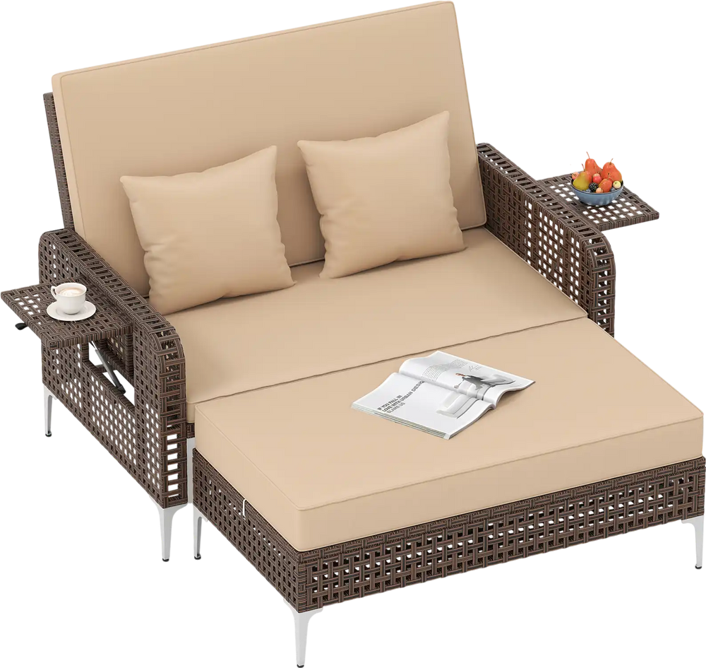 Brown 2-piece patio rattan loveseat with adjustable backrest and ottoman, featuring soft cushions for outdoor.