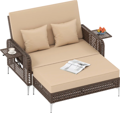 Costway 2-Piece Patio Rattan Wicker Daybed Loveseat Ottoman Adjustable Backrest 50594577 New