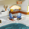 Two blue lounge chairs with a striped umbrella, part of a 7-piece outdoor relaxation set for patio enjoyment.