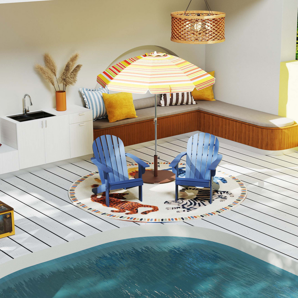 Two blue lounge chairs with a striped umbrella, part of a 7-piece outdoor relaxation set for patio enjoyment.