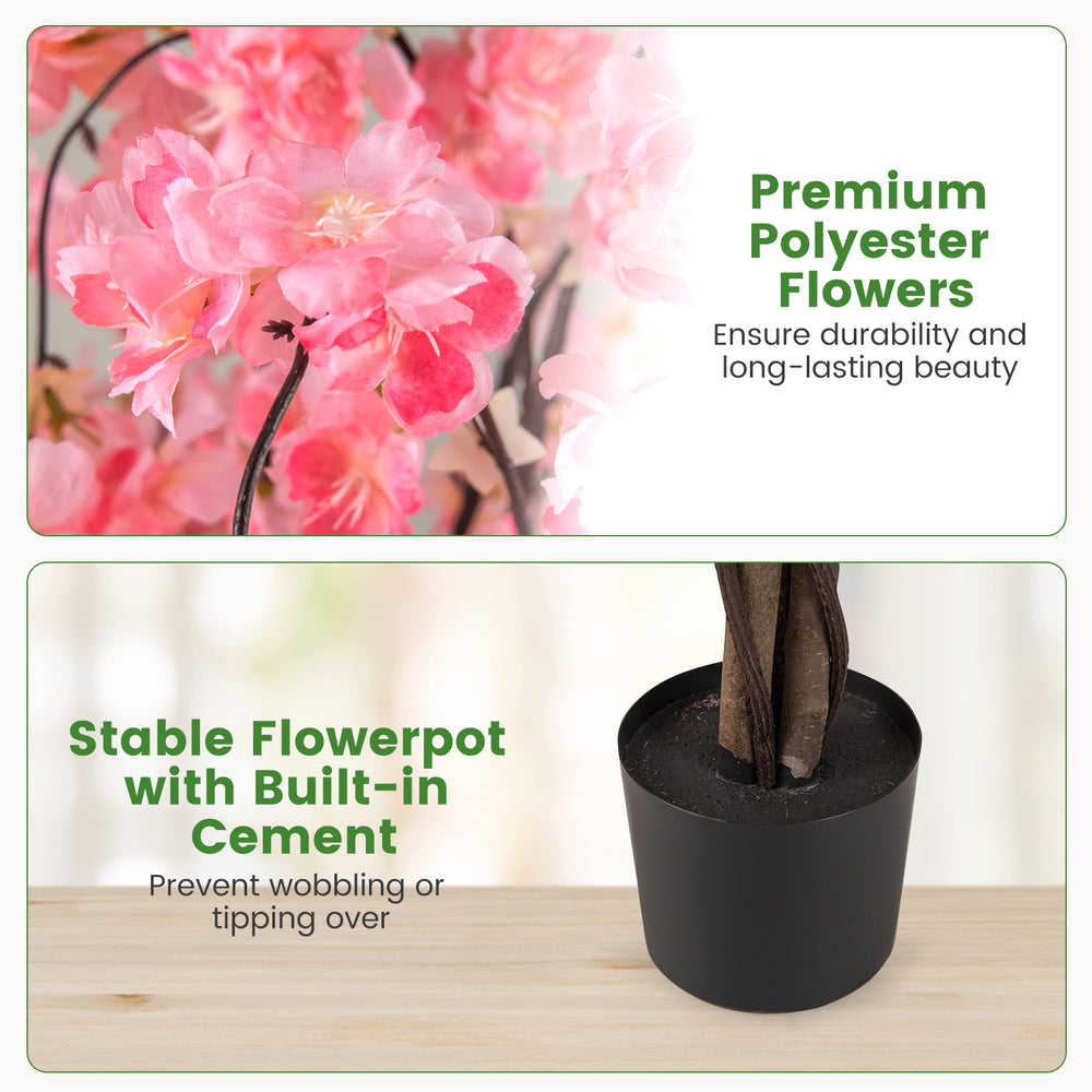 Artificial cherry blossom tree with pink flowers, 5.5 FT tall, stable cement flowerpot for home and office decor.