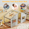 Twin size house bed in grey with LED lights, featuring a slat-free design for sleep and play in a cozy kids' room.