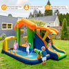 Colorful 8-in-1 inflatable bounce house water park with slide, climbing wall, and spacious pool for kids' summer fun.
