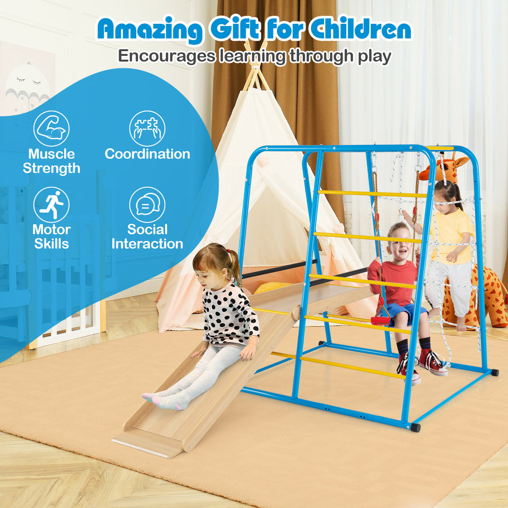 Indoor jungle gym with slide for kids 3+, featuring a sturdy blue metal frame and multiple play areas for social.