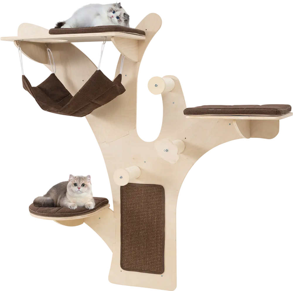 Wall-mounted cat tower with 4 layers, padded platforms, and hammock for comfortable play and relaxation.