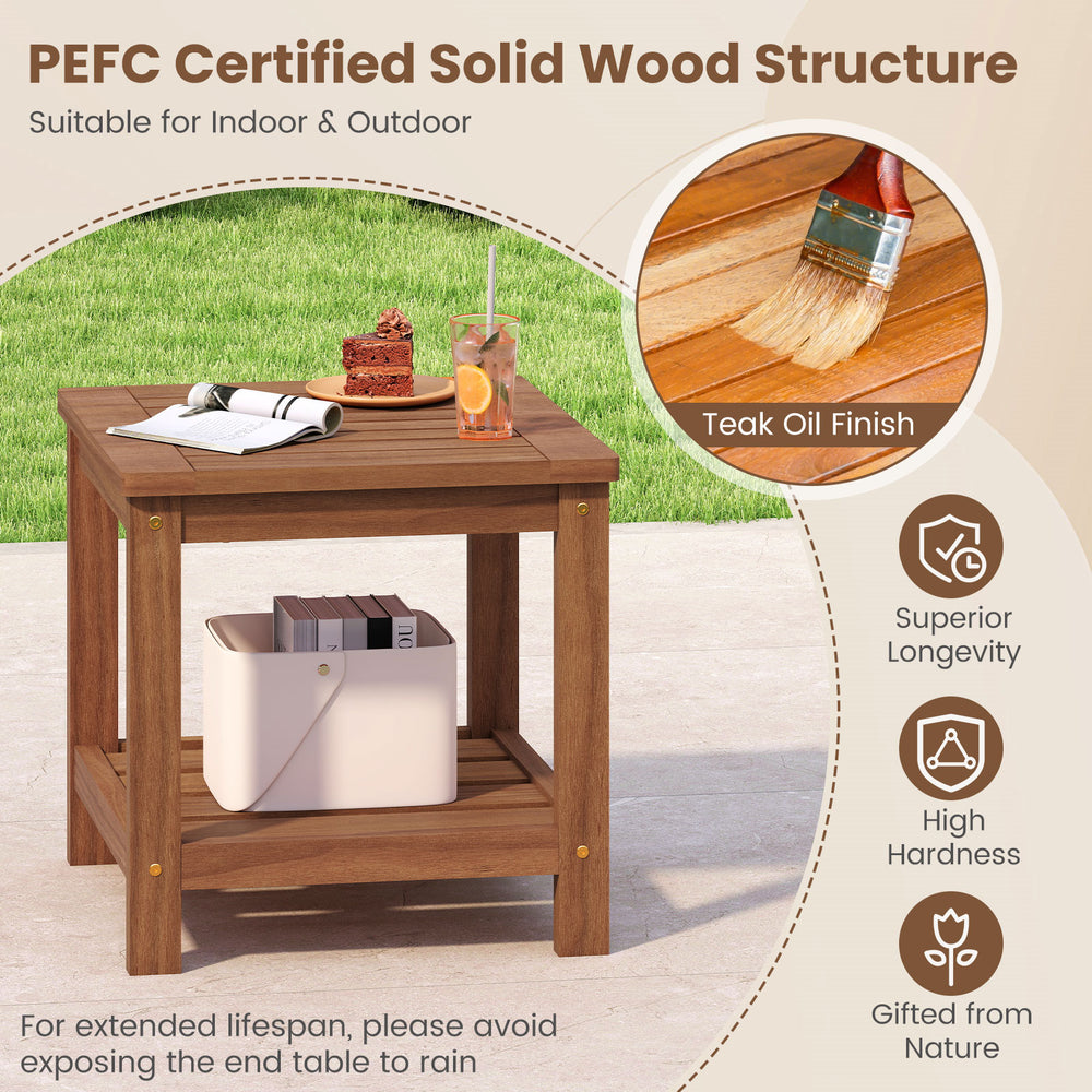 2-tier outdoor side table with storage shelf, solid wood, teak oil finish, ideal for patio and garden use.