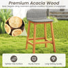 Solid acacia wood bar stool with gray PE rattan seat, ergonomic backrest, and footrest, perfect for outdoor use.