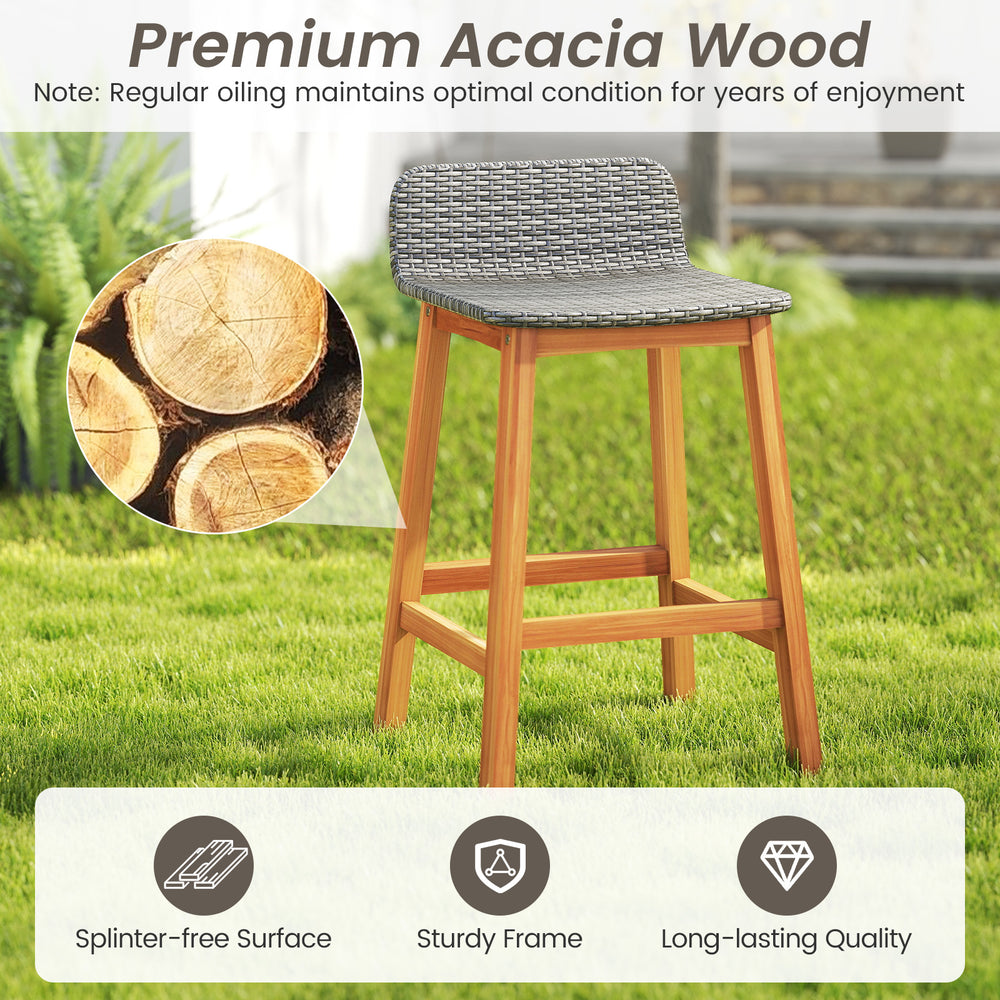 Solid acacia wood bar stool with gray PE rattan seat, ergonomic backrest, and footrest, perfect for outdoor use.