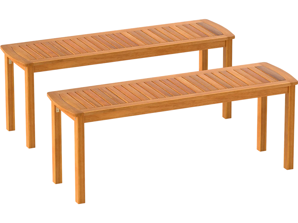 Set of 2 Acacia wood outdoor bench with slatted seat for garden