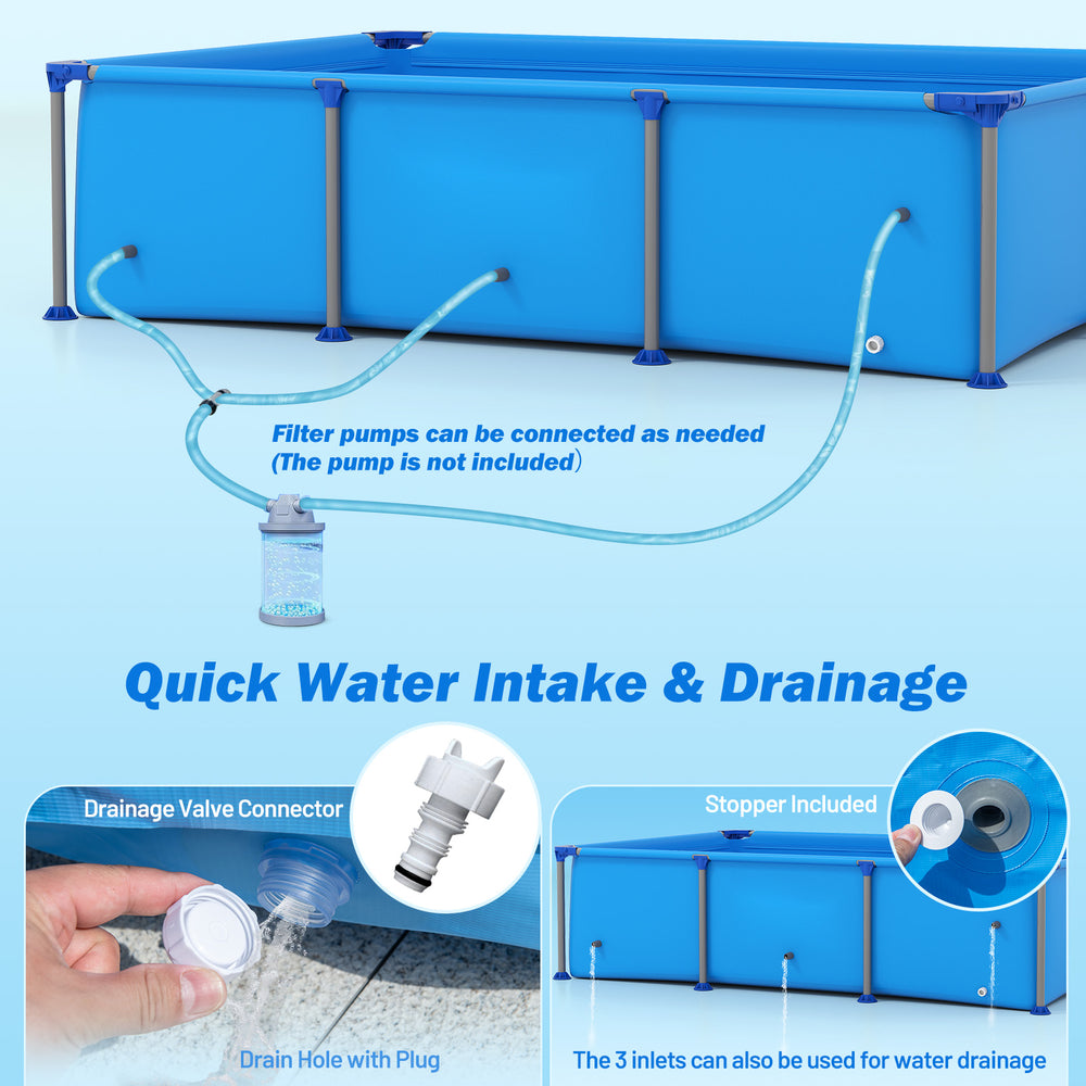 Drainage valve connector and water inlet holes for quick filling and draining of the 6 ft outdoor family swimming pool.