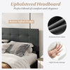 Upholstered headboard in dark gray with button tufted design, made of premium linen fabric for queen size bed frame.