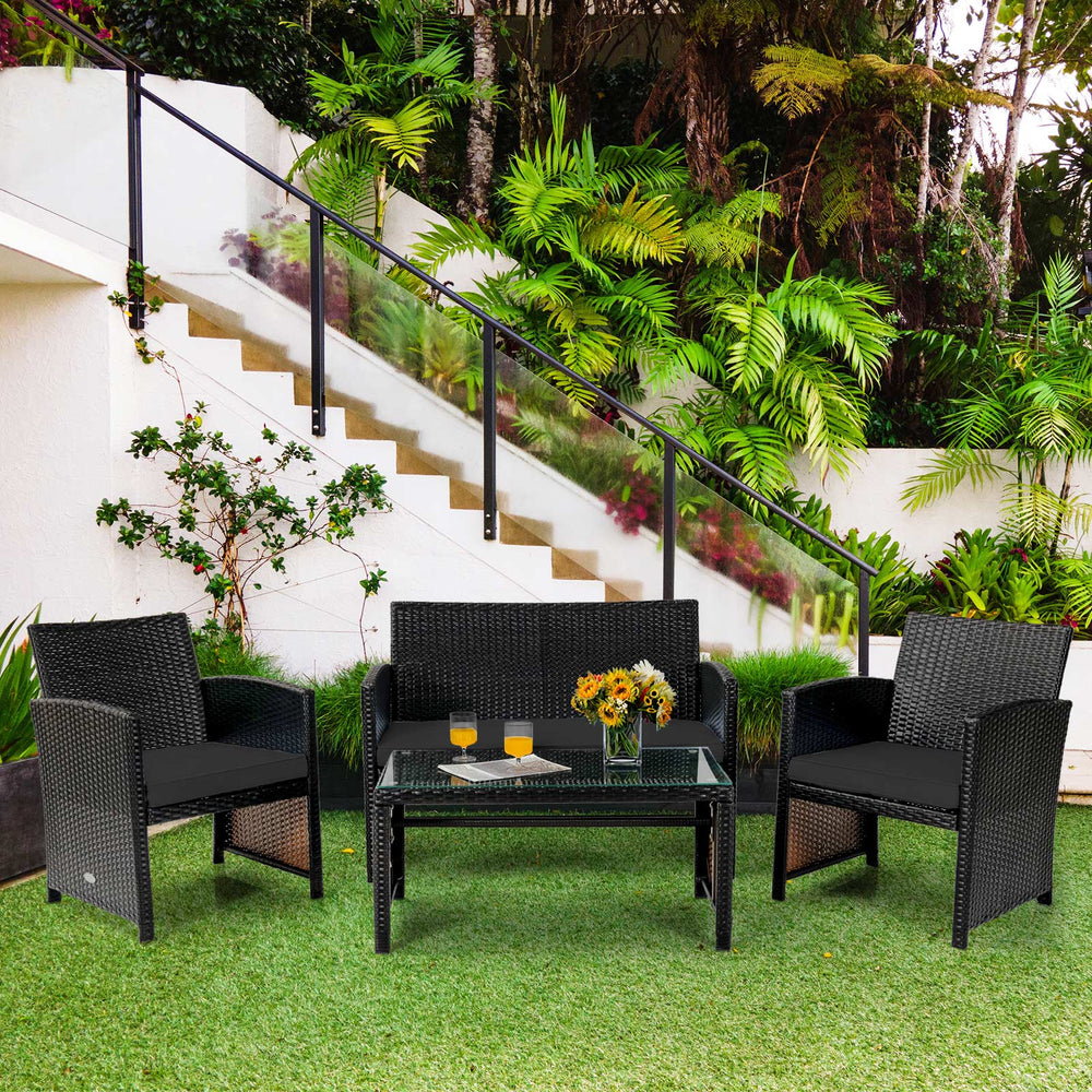 4 Pieces Patio Rattan Cushioned Furniture Set with Coffee Table-Black - Gallery View 1 of 11