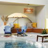 Two blue lounge chairs with a striped umbrella in a stylish patio setting, part of a 7-piece outdoor relaxation bundle.