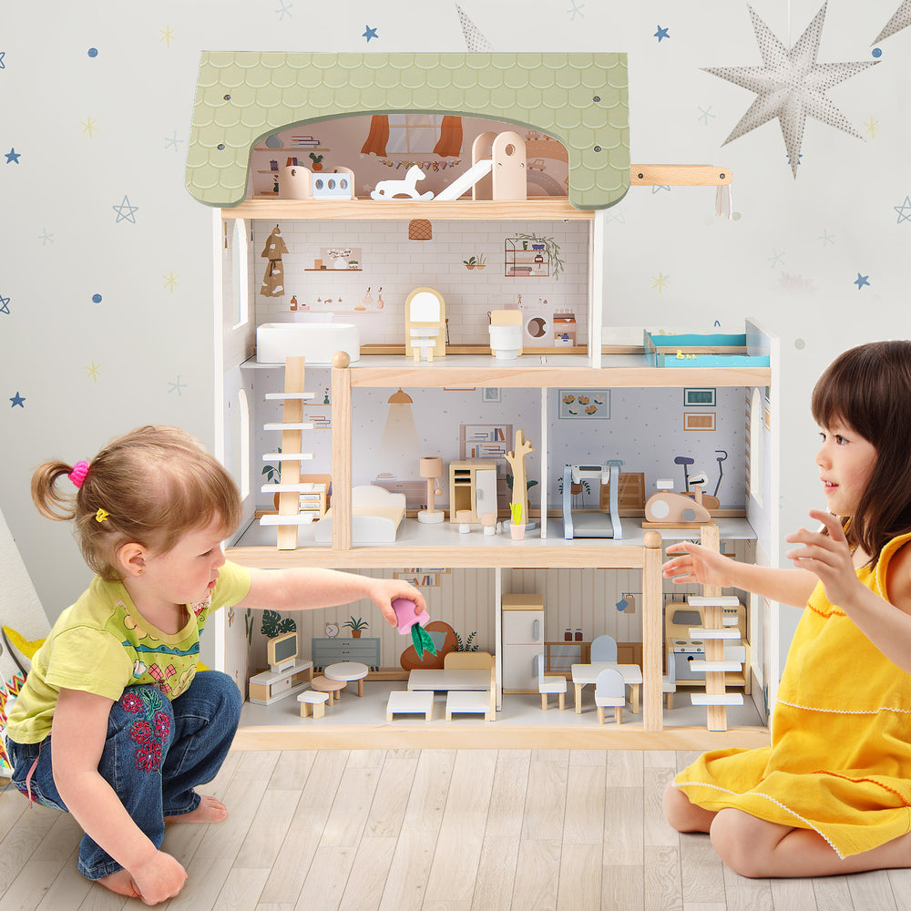 Wooden dollhouse with 33 furniture pieces, featuring movable stairs, ideal for kids' imaginative play and development.